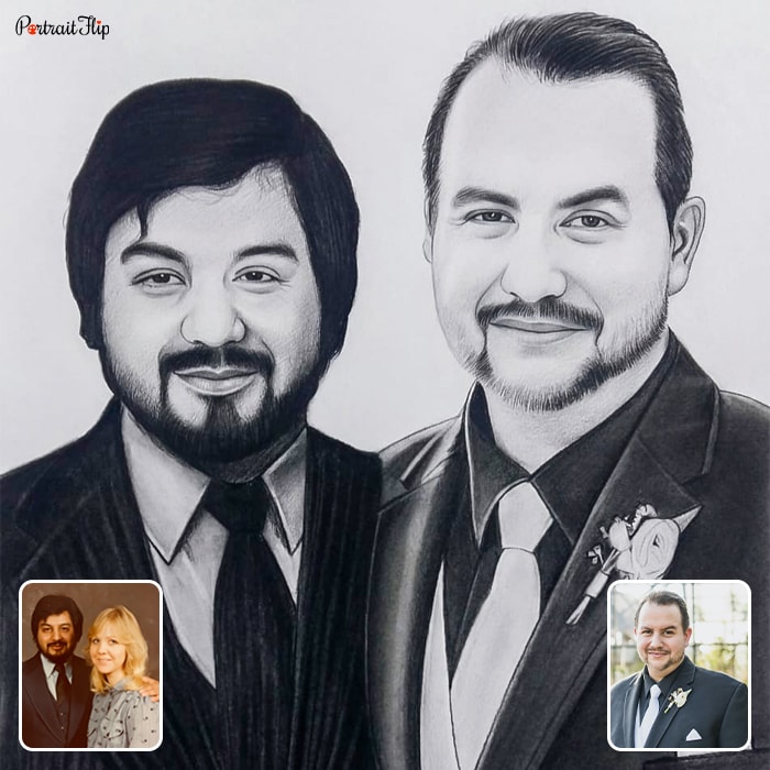 A compilation of pictures where two men are placed next to each other and painted as a vintage portraits